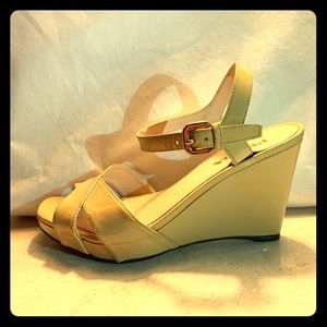 Prada pastel yellow patent leather wedges